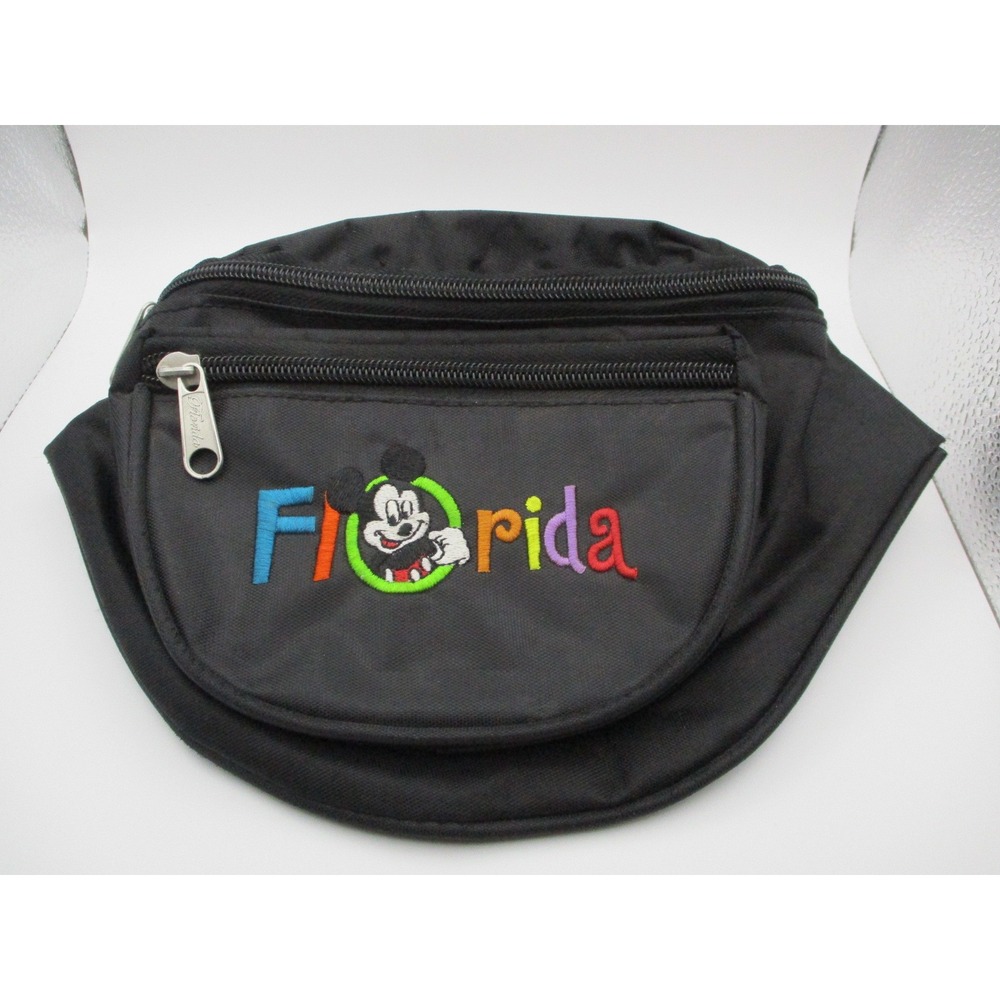 Disney Mickey Mouse Florida Fanny Pack Black Waist Bag Embroidered Travel Pouch